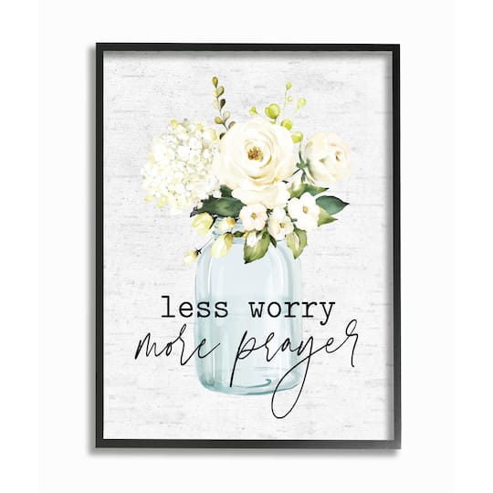 Stupell Industries Less Worry More Prayer Floral Bouquet Wall Accent with Black Frame